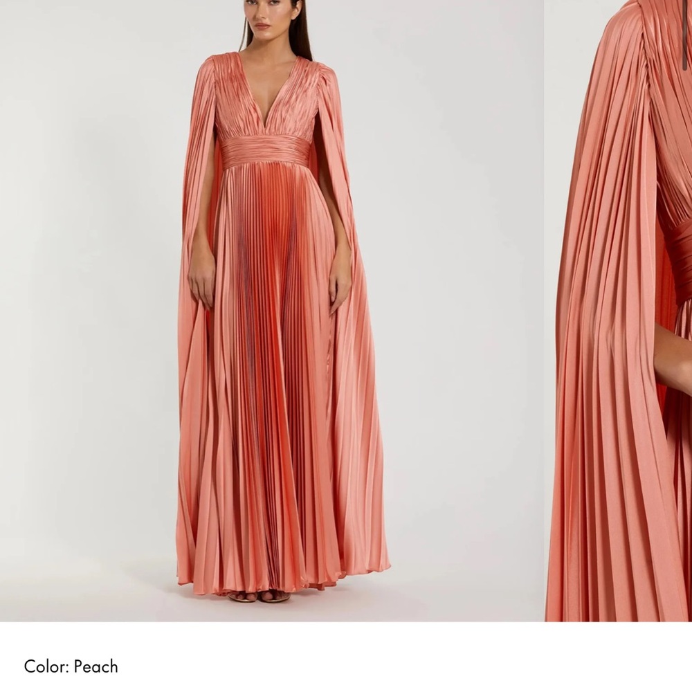 Mac Duggal Peach Pleated V-Neck Cape Maxi Dress